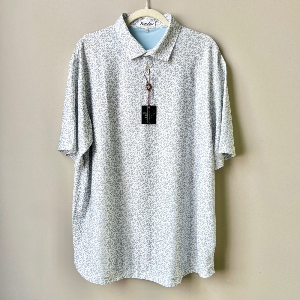 Pins & Aces Golf Polo Men's 2XL New NWT White Light Blue Floral Athletic Casual